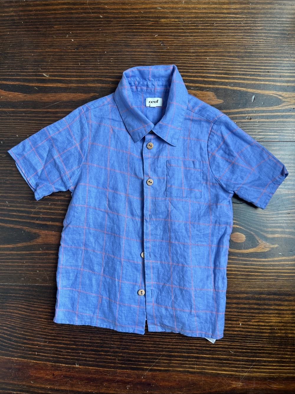 Oeuf Iris Blue Short-Sleeve Button-Down with Thin Pink Windowpane